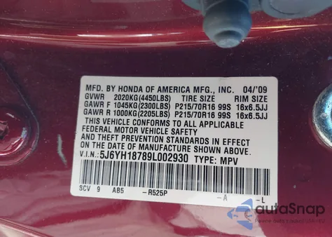 2009 Honda Element Ex from USA, damaged, VIN 5J6YH18789L002930